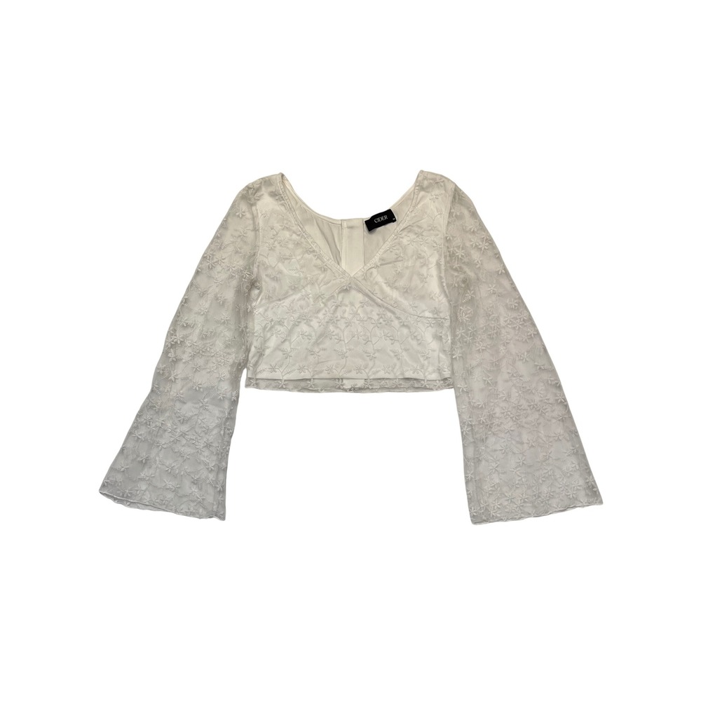 Cider White Floral Lace Bell Sleeve V-Neck Feminine Coquette Crop Top Size M